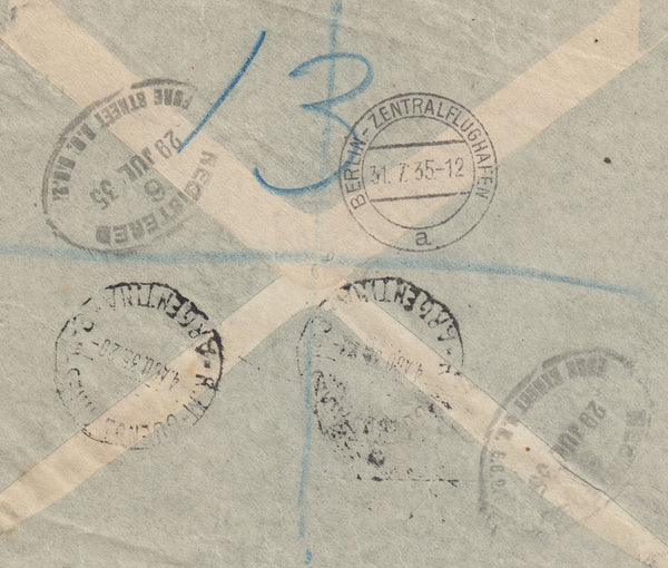141561 1935 REGISTERED AIRMAIL LONDON TO ARGENTINA WITH 3D (SG443), 6D (SG426a), SEAHORSES 2/6 AND 5S (SG450/451).
