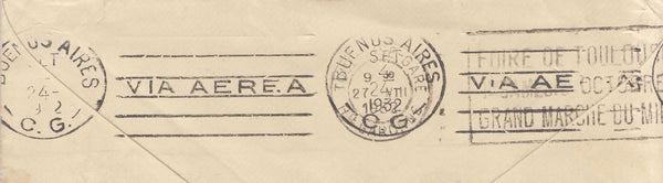 141562 1932 AIRMAIL LONDON TO ARGENTINA VIA PARIS AND DAKAR WITH KGV 6D (SG426a) AND  SEAHORSES 2/6 (SG415a) AND  5S (SG416)/