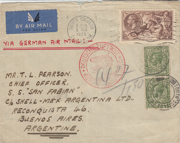 141563  1935 AIRMAIL SOUTH SHIELDS, DURHAM TO ARGENTINA VIA BERLIN WITH 2/6 SEAHORSE (SG450) AND 9D (SG427) X 2.
