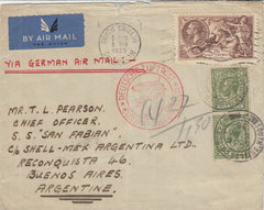 141563  1935 AIRMAIL SOUTH SHIELDS, DURHAM TO ARGENTINA VIA BERLIN WITH 2/6 SEAHORSE (SG450) AND 9D (SG427) X 2.