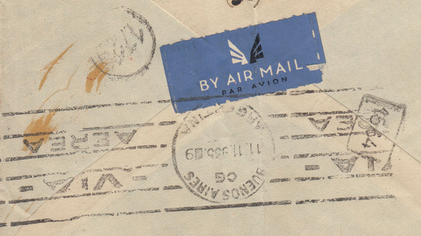 141563  1935 AIRMAIL SOUTH SHIELDS, DURHAM TO ARGENTINA VIA BERLIN WITH 2/6 SEAHORSE (SG450) AND 9D (SG427) X 2.