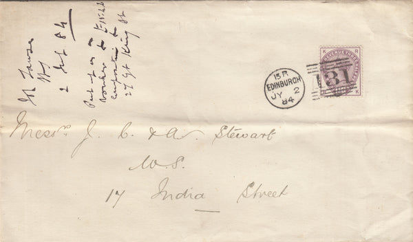 141567 1884 MAIL USED LOCALLY IN EDINBURGH WITH 1½d LILAC (SG188) SINGLE FRANKING.