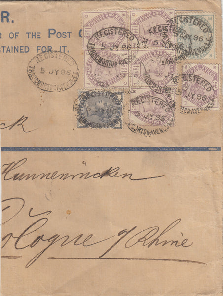 141568 1886 PART REGISTERED ENVELOPE ½d SLATE-BLUE (SG187), 1½d LILAC  (SG188) X 5, 3D LILAC (SG191) AND 4D DULL GREEN (SG192).