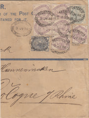 141568 1886 PART REGISTERED ENVELOPE ½d SLATE-BLUE (SG187), 1½d LILAC  (SG188) X 5, 3D LILAC (SG191) AND 4D DULL GREEN (SG192).