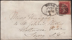 141572 1858 MAIL HULL TO LONDON 1D (SG40) 'HULL/383' SPOON TYPE 'C RE-CUT' (RA41).