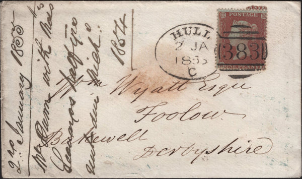 141577 1855 MAIL HULL TO BAKEWELL 1D PL.192 (SG17) FINE 'HULL/383' SPOON TYPE 'C' (RA40).