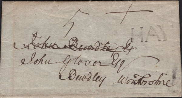 141580 1788 MAIL TALGARTH, BRECON TO BEWDLEY SENT CROSS POST WITH 'HAY' HANDSTAMP (W1112).