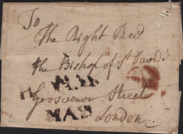 141582 1772 MAIL HAY, BRECON TO LONDON WITH 'HAY' HANDSTAMPS (W1110).