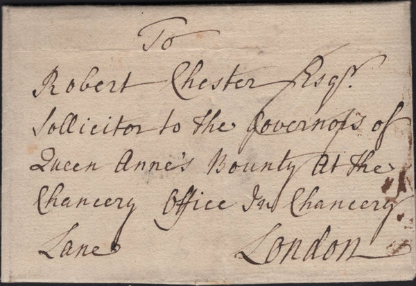 141583 1768 MAIL BUILTH, BRECON TO QUEEN ANNE'S BOUNTY IN LONDON WITH 'HAY' HANDSTAMP (W1110) AND REFERENCE TO 'MONMOUTH CARRIER'.