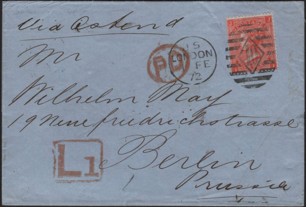 141585 1872 MAIL LONDON TO BERLIN, PRUSSIA WITH 4D VERMILION (SG94) AND BOXED 'L1' HAND STAMP.