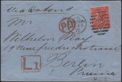 141585 1872 MAIL LONDON TO BERLIN, PRUSSIA WITH 4D VERMILION (SG94) AND BOXED 'L1' HAND STAMP.