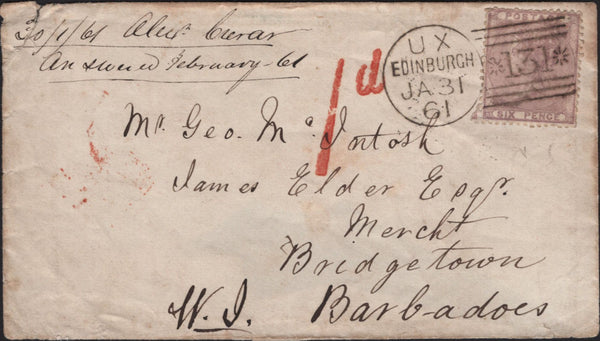 141586 1861 MAIL EDINBURGH TO BARBADOS WITH 6D (SG68).