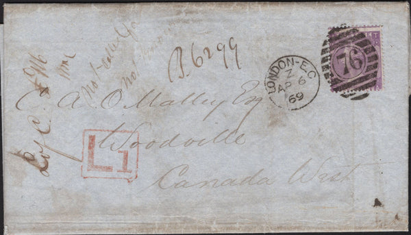 141588 1869 MAIL LONDON TO CANADA WEST WITH 6D PL.8 AND BOXED 'L1' HAND STAMP.