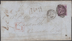 141588 1869 MAIL LONDON TO CANADA WEST WITH 6D PL.8 AND BOXED 'L1' HAND STAMP.
