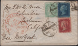 141589 1860 THREE COLOUR COMBINATION EDINBURGH TO CALIFORNIA WITH 1S PALE GREEN (SG73) 2D BLUE PL.8 (SG45) AND 1D ROSE-RED (SG40).