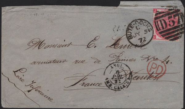 141590 1872 MAIL BUTE DOCKS, CARDIFF TO FRANCE WITH 3D ROSE PL.8 (SG103).