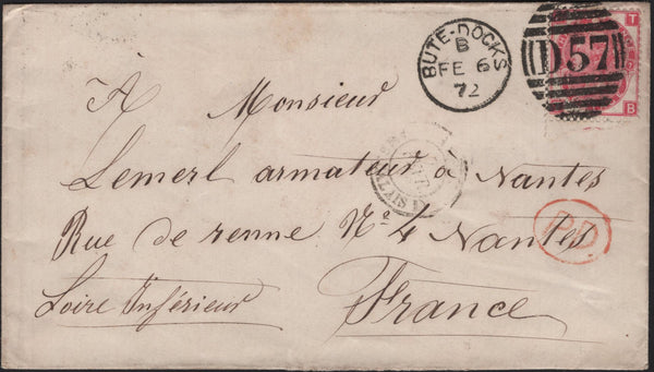 141591 1872 MAIL BUTE DOCKS, CARDIFF TO FRANCE WITH 3D ROSE PL.7 (SG103).