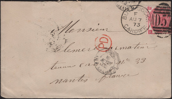 141592 1873 MAIL BUTE DOCKS, CARDIFF TO FRANCE WITH 3D ROSE PL.10 (SG103).