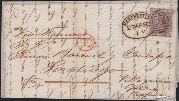 141593 1860 MAIL MANCHESTER TO SPAIN VIA FRANCE WITH 6D LILAC (SG68) 'MANCHESTER/498' TYPE B SPOON (RA73).