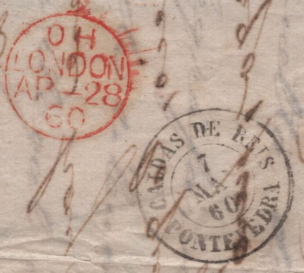 141593 1860 MAIL MANCHESTER TO SPAIN VIA FRANCE WITH 6D LILAC (SG68) 'MANCHESTER/498' TYPE B SPOON (RA73).