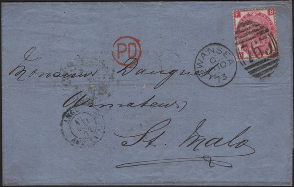 141595 1873 MAIL SWANSEA TO ST MALO WITH 3D ROSE PL.10 (SG103).