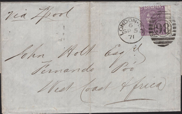 141596 1871 MAIL LONDON TO FERNANDO PO, WEST COAST AFRICA WITH 6D PL.9 (SG109).