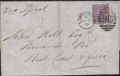 141596 1871 MAIL LONDON TO FERNANDO PO, WEST COAST AFRICA WITH 6D PL.9 (SG109).