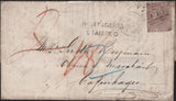 141597 1864 MAIL LONGTON, STAFFS TO COPENHAGEN, POSTAGE UNDERPAID WITH 6D LILAC (SG84).