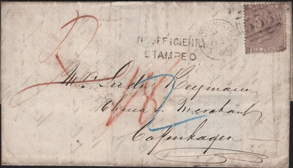141597 1864 MAIL LONGTON, STAFFS TO COPENHAGEN, POSTAGE UNDERPAID WITH 6D LILAC (SG84).