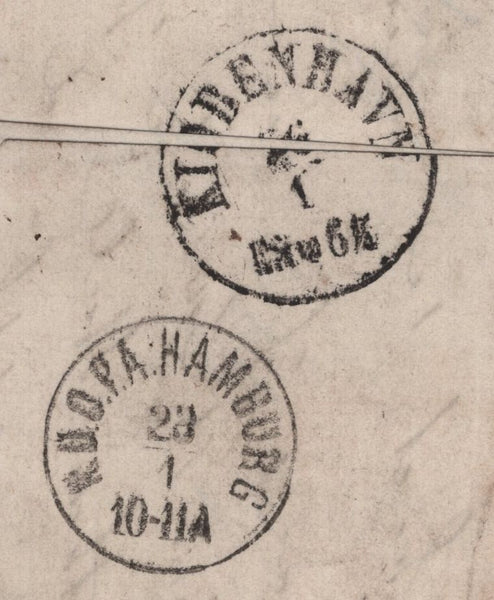 141597 1864 MAIL LONGTON, STAFFS TO COPENHAGEN, POSTAGE UNDERPAID WITH 6D LILAC (SG84).