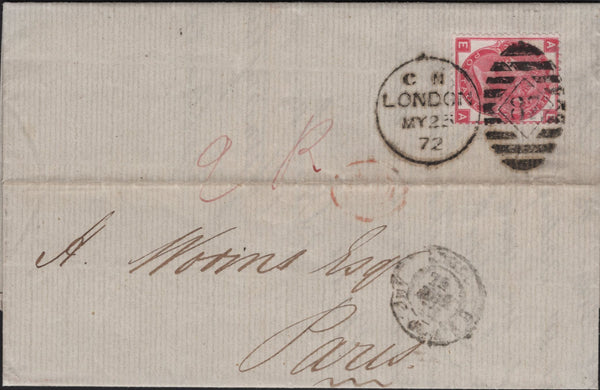 141598 1872 MAIL LONDON TO PARIS WITH 3D ROSE (SG103) PL.8.