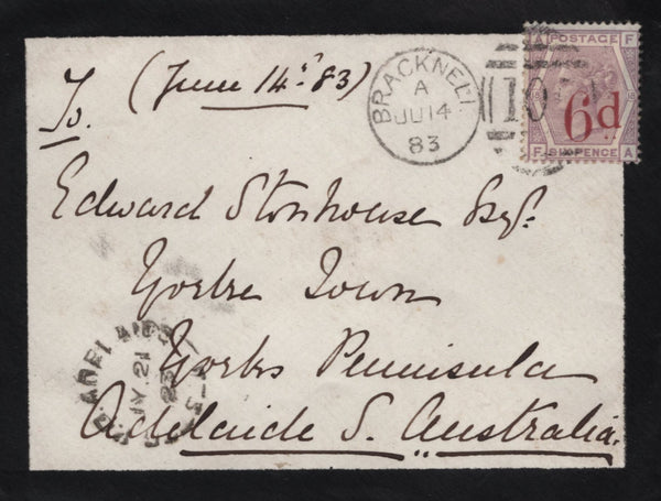 141599 1883 MOURNING ENVELOPE BRACKNELL, BERKSHIRE TO ADELAIDE, AUSTRALIA WITH 6D ON 6D LILAC (SG162).