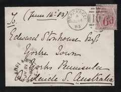 141599 1883 MOURNING ENVELOPE BRACKNELL, BERKSHIRE TO ADELAIDE, AUSTRALIA WITH 6D ON 6D LILAC (SG162).