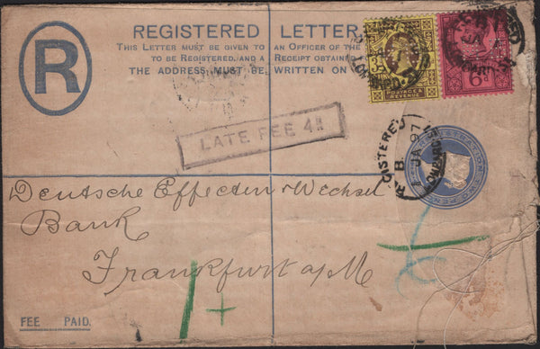 141600 1897 2D BLUE REGISTERED ENVELOPE LONDON TO FRANKFURT UPRATED JUBILEE 3D (SG203) AND 6D (SG208) WITH 'LATE FEE 4D' HAND STAMP.