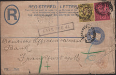 141600 1897 2D BLUE REGISTERED ENVELOPE LONDON TO FRANKFURT UPRATED JUBILEE 3D (SG203) AND 6D (SG208) WITH 'LATE FEE 4D' HAND STAMP.
