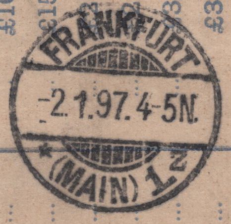 141600 1897 2D BLUE REGISTERED ENVELOPE LONDON TO FRANKFURT UPRATED JUBILEE 3D (SG203) AND 6D (SG208) WITH 'LATE FEE 4D' HAND STAMP.