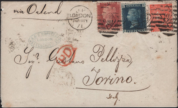 141601 1871 THREE COLOUR COMBINATION LONDON TO TORINO, ITALY WITH 1D (SG43), 2D BLUE (SG45) AND 4D VERMILION (SG94).