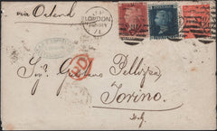 141601 1871 THREE COLOUR COMBINATION LONDON TO TORINO, ITALY WITH 1D (SG43), 2D BLUE (SG45) AND 4D VERMILION (SG94).