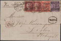 141602 1869 THREE COLOUR COMBINATION GLASGOW TO LISBON, PORTUGAL WITH 1D (SG43), 4D VERMILION (SG94) AND 6D MAUVE (SG109).