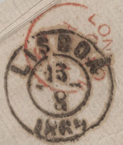 141602 1869 THREE COLOUR COMBINATION GLASGOW TO LISBON, PORTUGAL WITH 1D (SG43), 4D VERMILION (SG94) AND 6D MAUVE (SG109).