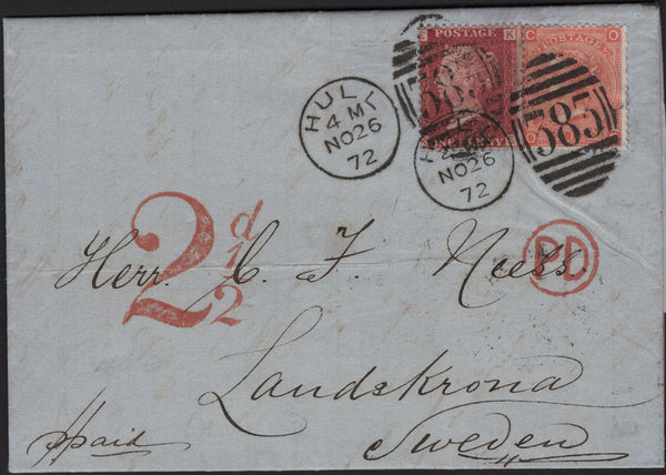 141603 1872 MAIL HULL TO SWEDEN WITH 1D (SG43), 4D VERMILION (SG94) AND '2½d' HAND STAMP.