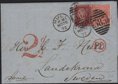 141603 1872 MAIL HULL TO SWEDEN WITH 1D (SG43), 4D VERMILION (SG94) AND '2½d' HAND STAMP.
