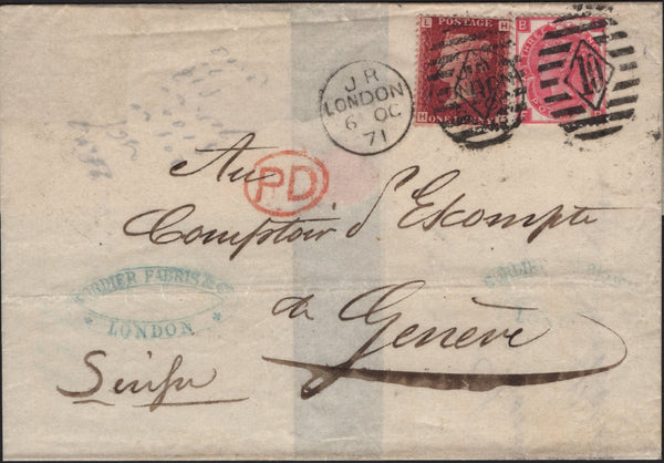 141604 1871 MAIL LONDON TO GENEVA WITH 1D PL.118 (SG43) AND 3D ROSE PL.6 (SG103).