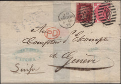 141604 1871 MAIL LONDON TO GENEVA WITH 1D PL.118 (SG43) AND 3D ROSE PL.6 (SG103).