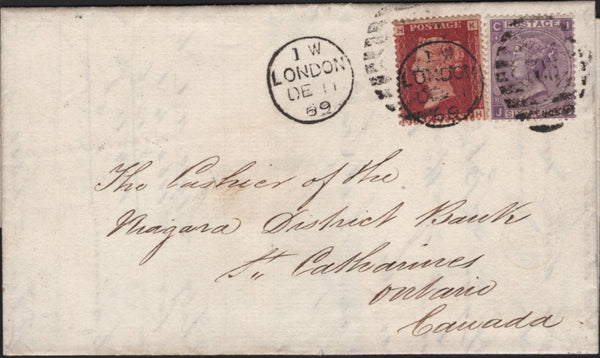 141605 1869 MAIL LONDON TO ONTARIO, CANADA WITH 1D (SG43) AND 6D (SG108).
