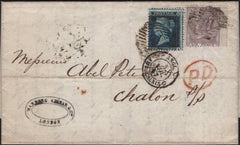 141606 1857 MAIL LONDON TO CHALON, FRANCE WITH 2D BLUE (SG35) AND 6D LILAC (SG68).