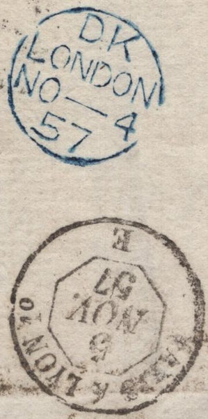 141606 1857 MAIL LONDON TO CHALON, FRANCE WITH 2D BLUE (SG35) AND 6D LILAC (SG68).