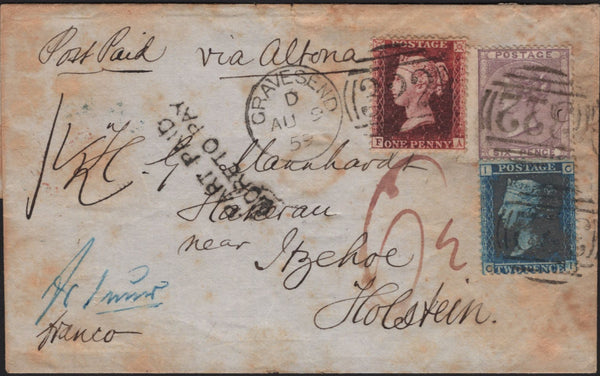 141607 1859 THREE COLOUR COMBINATION GRAVESEND, KENT TO HOLSTEIN WITH 1D (SG40), 6D LILAC (SG68) AND 2D BLUE (SG45).