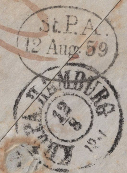 141607 1859 THREE COLOUR COMBINATION GRAVESEND, KENT TO HOLSTEIN WITH 1D (SG40), 6D LILAC (SG68) AND 2D BLUE (SG45).