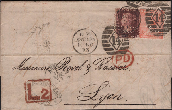 141608 1873 MAIL LONDON TO LYON, FRANCE WITH 1D (SG43) AND 4D VERMILION (SG94) WITH BOXED 'L2' LATE FEE HAND STAMP.
